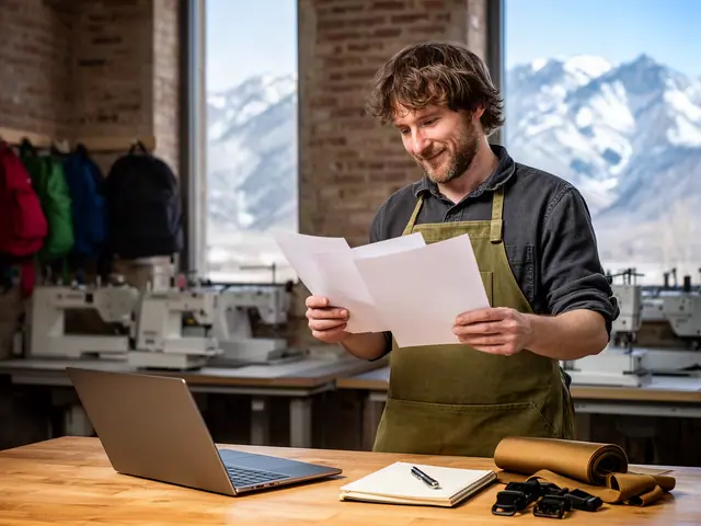 Bearded man in an olive canvas apron reading papers at a wooden work table with a laptop and buckles